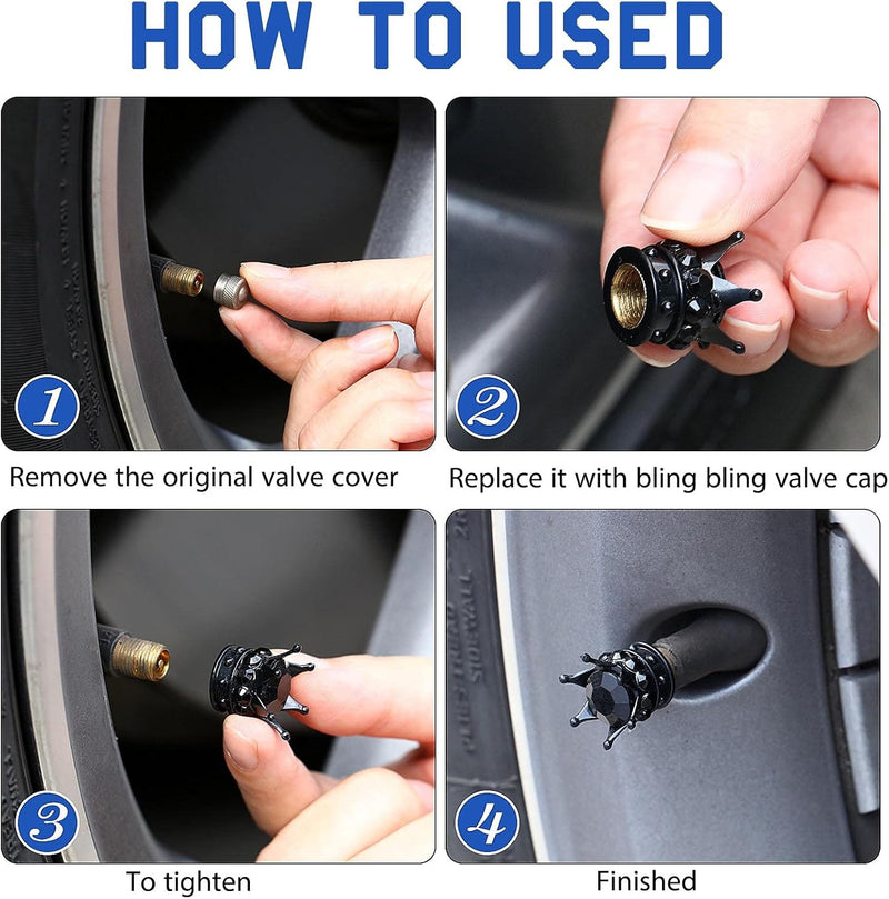 AVC-016,4 Pieces Crown Tire Valve Stem Caps Bling Handmade Crystal Rhinestone Universal Chrome Crown Vehicle Car Tire Caps Covers, Attractive Accessories for Car