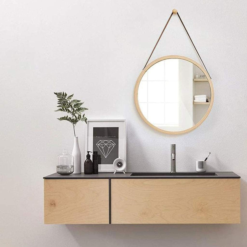 BBM-001, Ø38cm &Ø45cm Round Mirrors For Wall Decor With Leather Strap, Wood Round Mirror For Bathroom Livingroom farmhouse