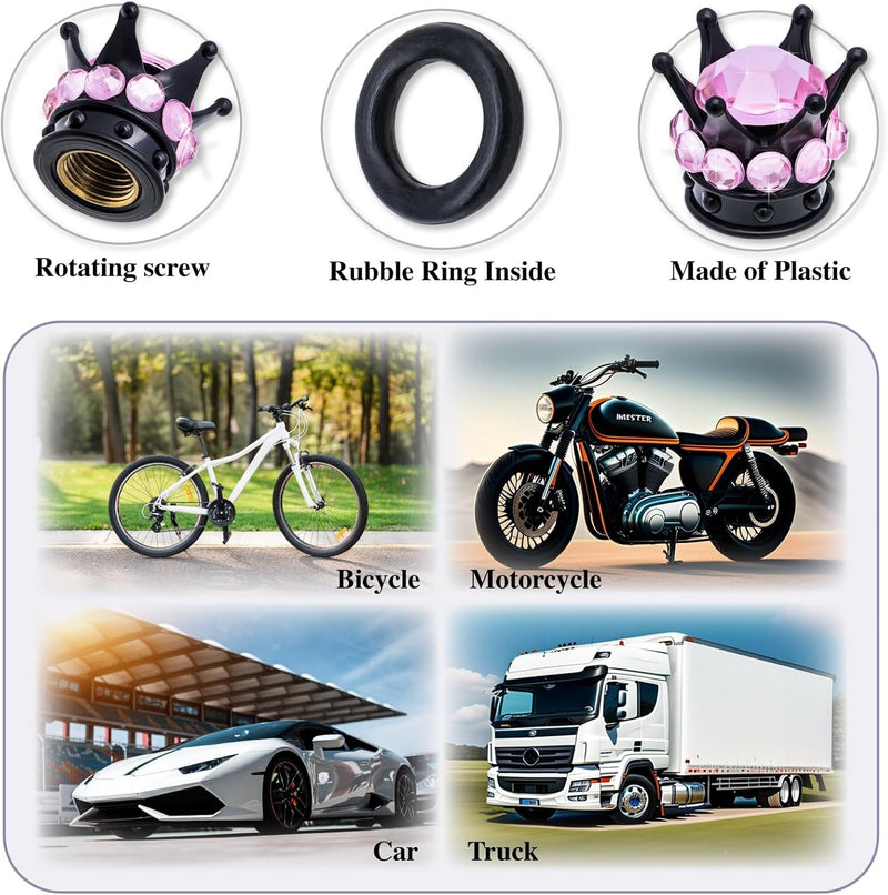 AVC-016,4 Pieces Crown Tire Valve Stem Caps Bling Handmade Crystal Rhinestone Universal Chrome Crown Vehicle Car Tire Caps Covers, Attractive Accessories for Car