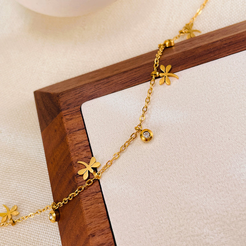 AB-GZ189,Stainless Steel Gold Anklet Bracelet– Dainty Flower & Zirconia Charm Foot Jewelry