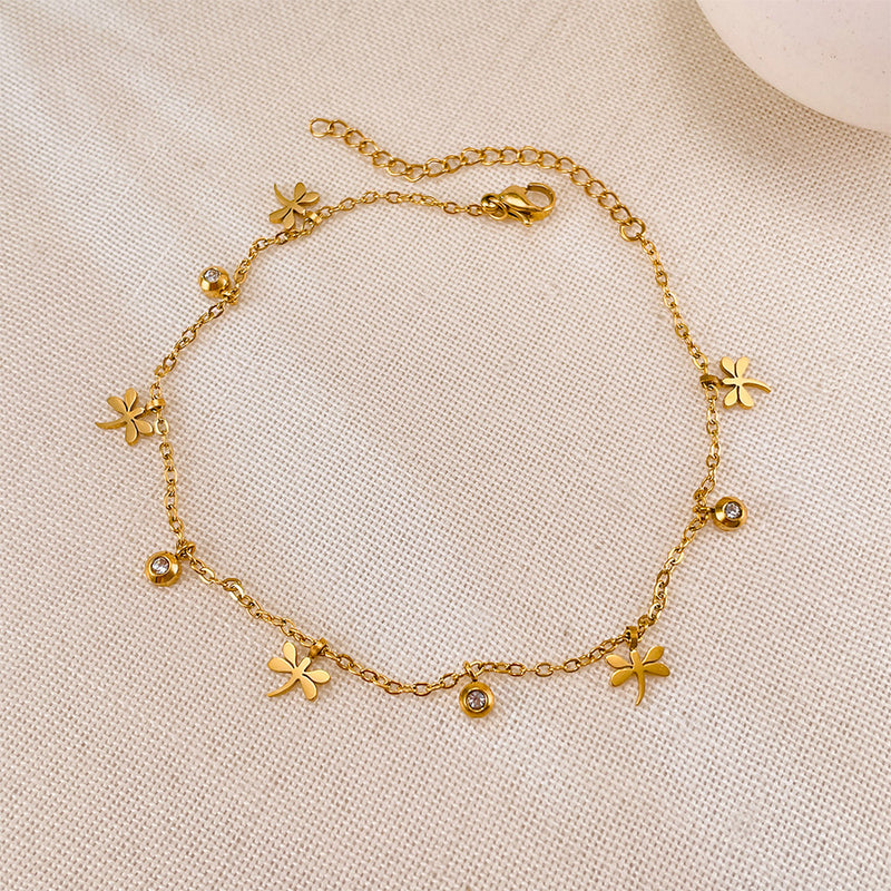 AB-GZ189,Stainless Steel Gold Anklet Bracelet– Dainty Flower & Zirconia Charm Foot Jewelry