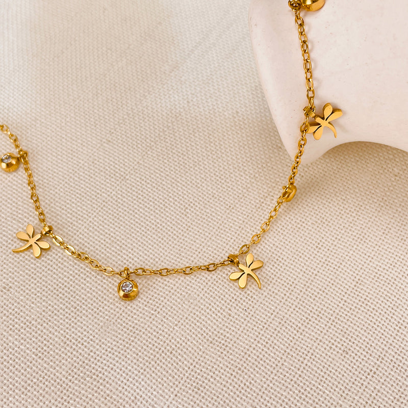 AB-GZ189,Stainless Steel Gold Anklet Bracelet– Dainty Flower & Zirconia Charm Foot Jewelry