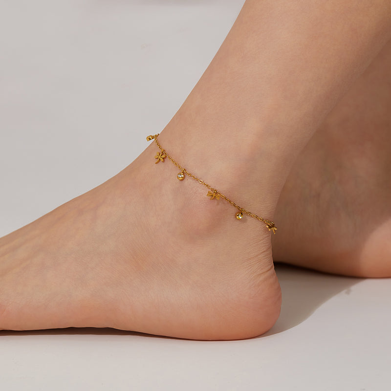 AB-GZ189,Stainless Steel Gold Anklet Bracelet– Dainty Flower & Zirconia Charm Foot Jewelry
