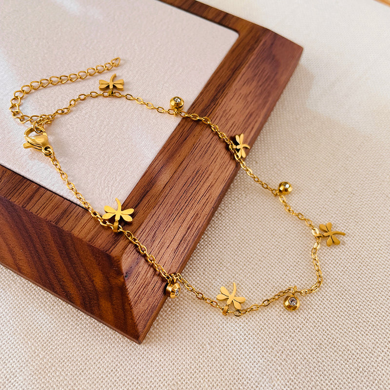 AB-GZ189,Stainless Steel Gold Anklet Bracelet– Dainty Flower & Zirconia Charm Foot Jewelry