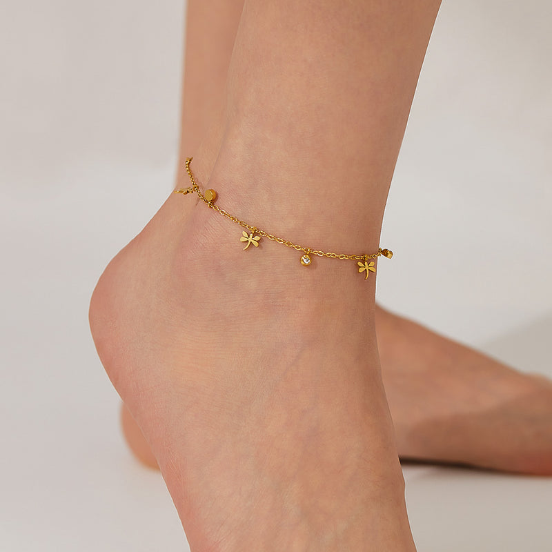 AB-GZ189,Stainless Steel Gold Anklet Bracelet– Dainty Flower & Zirconia Charm Foot Jewelry