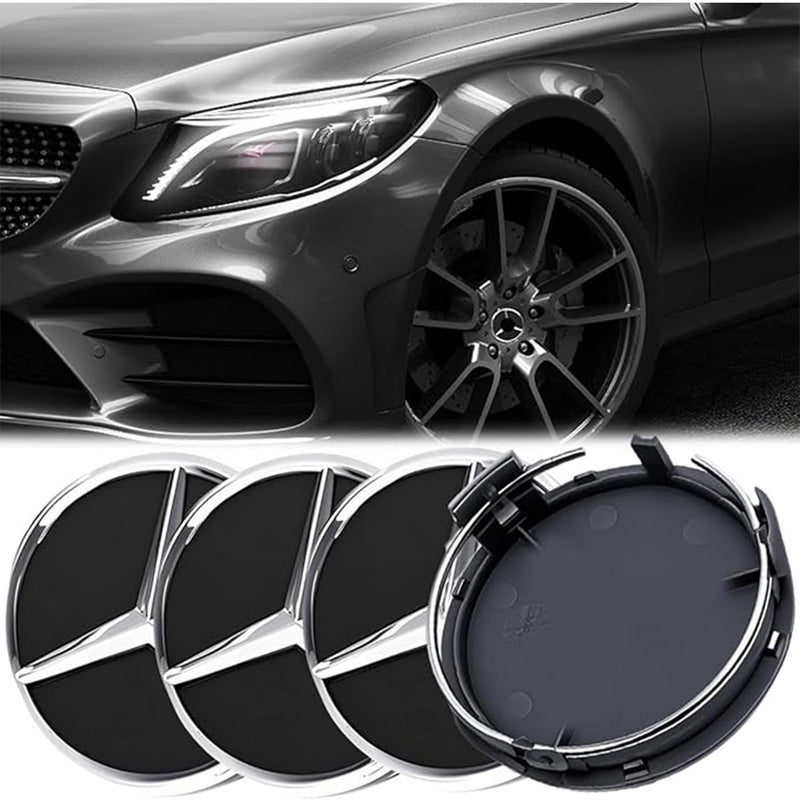 MBZ-RIMCAP-75, Pack 4 Hub Caps 75mm Blue For Mercedes Logo Emblem Center Wheel Cap