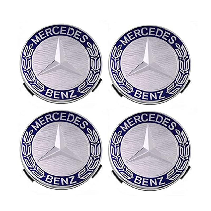 MBZ-RIMCAP-75A, Pack 4 Hub Caps 75mm Blue For Mercedes Logo Emblem Center Wheel Cap