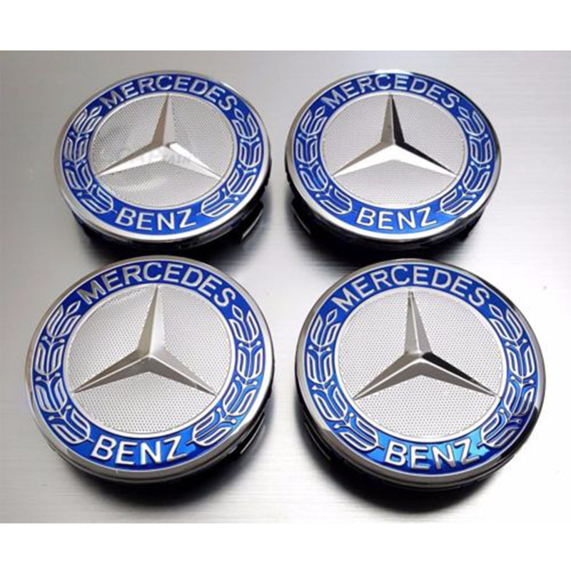 MBZ-RIMCAP-75A, Pack 4 Hub Caps 75mm Blue For Mercedes Logo Emblem Center Wheel Cap