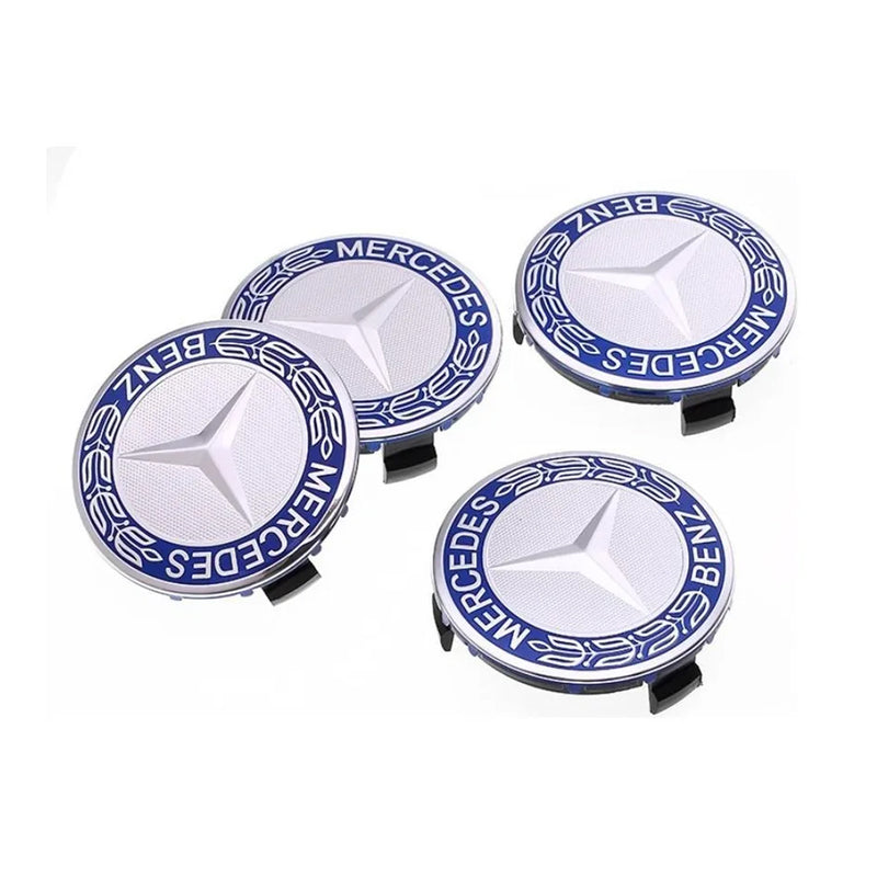 MBZ-RIMCAP-75A, Pack 4 Hub Caps 75mm Blue For Mercedes Logo Emblem Center Wheel Cap