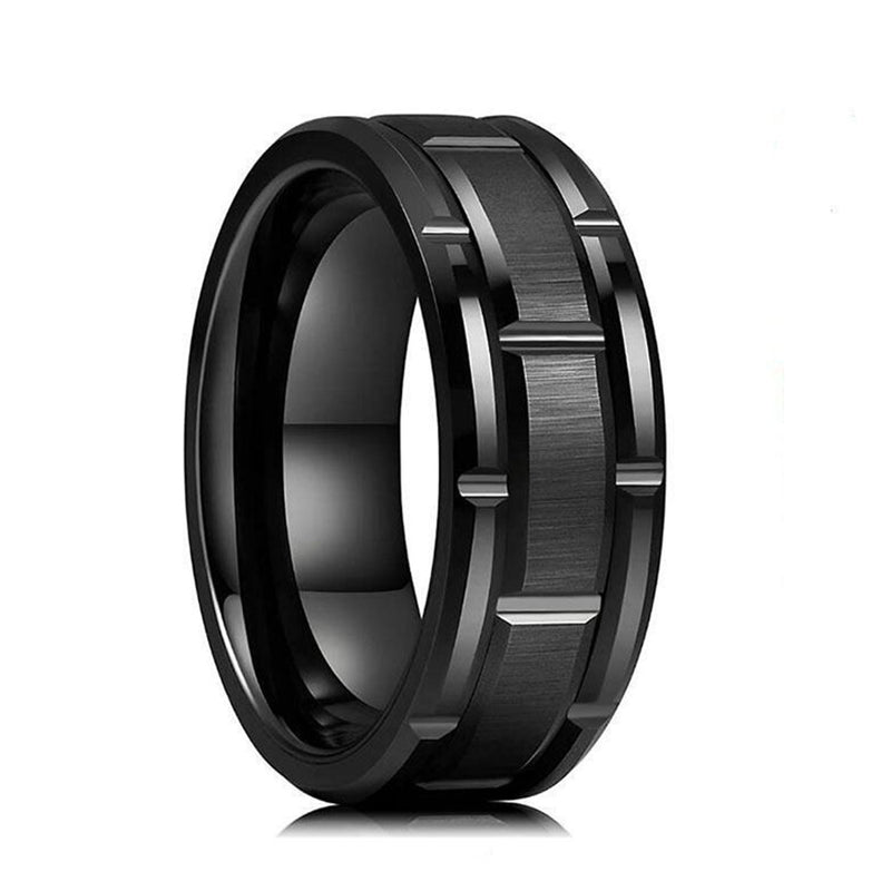 RG-XG348，Men's 8mm Wide Black Titanium Steel Ring – Geometric