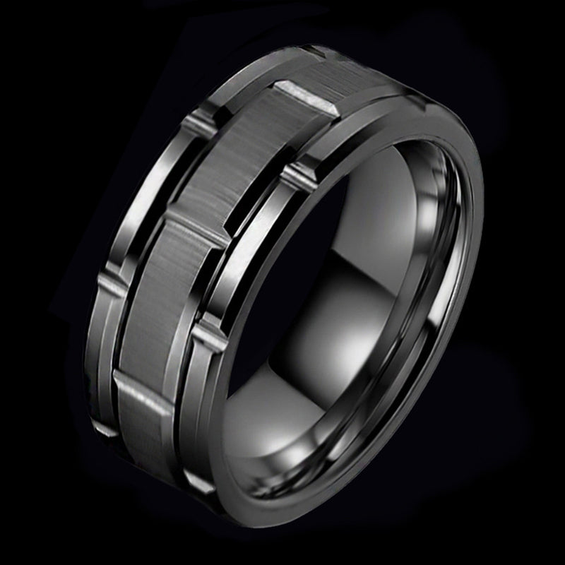 RG-XG348，Men's 8mm Wide Black Titanium Steel Ring – Geometric