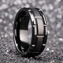 RG-XG348，Men's 8mm Wide Black Titanium Steel Ring – Geometric Groove Design