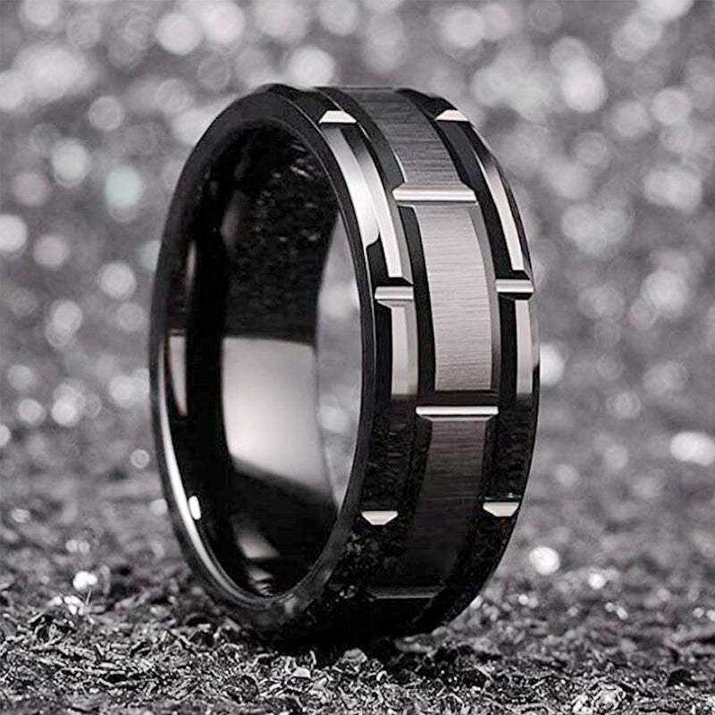 RG-XG348，Men's 8mm Wide Black Titanium Steel Ring – Geometric