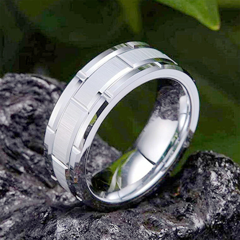 RG-XG348，Men's 8mm Wide Black Titanium Steel Ring – Geometric