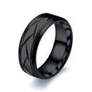 RG-XG442，Men's 8mm Wide Black Titanium Steel Ring – Geometric Groove Design