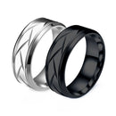 RG-XG442，Men's 8mm Wide Black Titanium Steel Ring – Geometric Groove Design