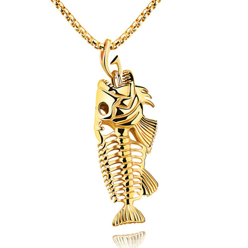 Necklace, NL-F005, Mens Stainless Steel Fish Skeleton Necklace