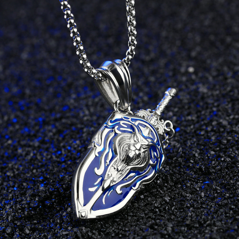 NL-GX1162,Silver with Black Sword and Shield Necklace